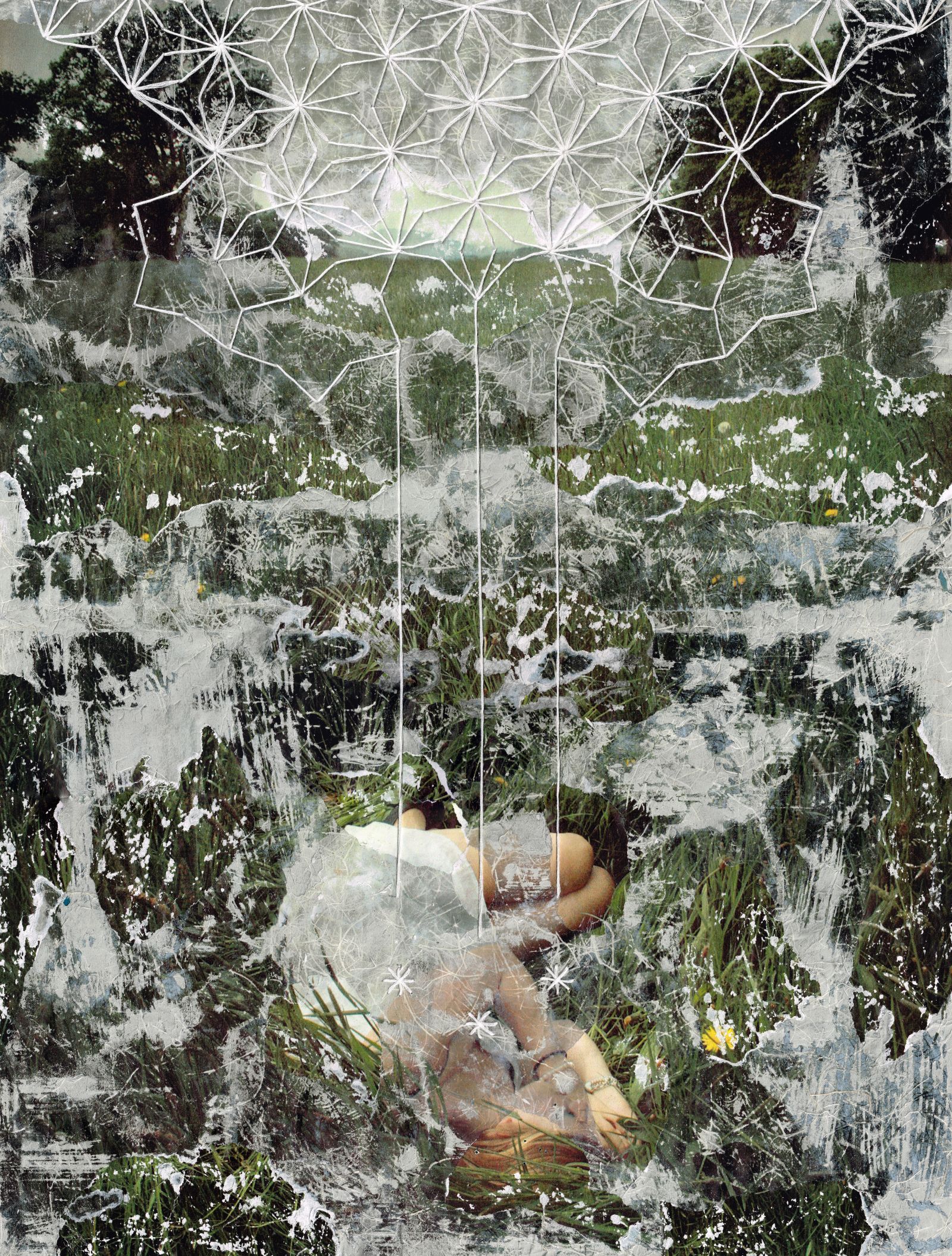 textured art of woman lying in a field