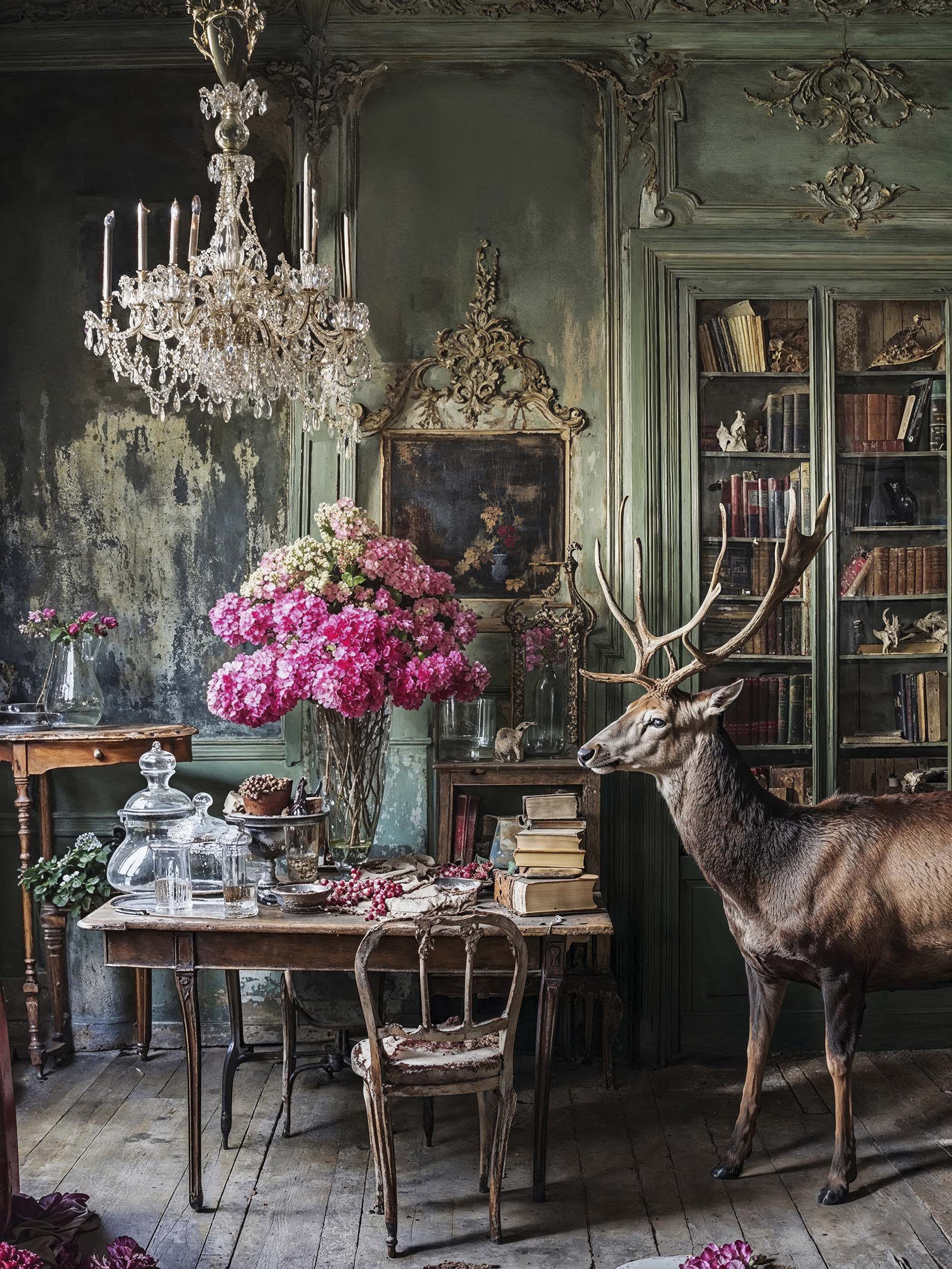 painting of deer in a library